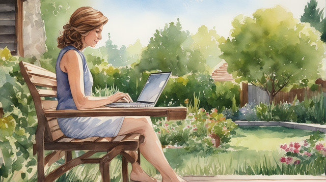 Woman sitting in backyard working on