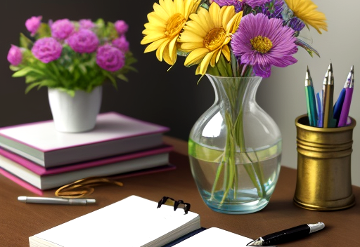 Flowers and journal on desk.