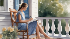 woman sitting on porch writing