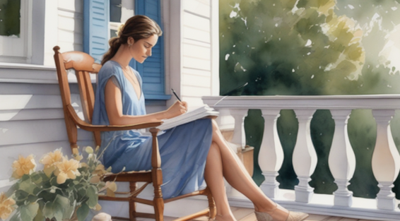 woman sitting on porch writing