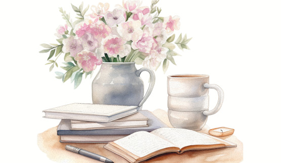 Vase of flower, cup and books