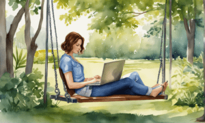 woman sitting on swing holding laptop