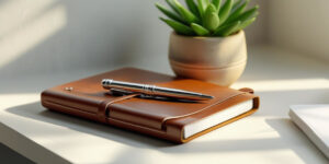 desktop with pen and journal